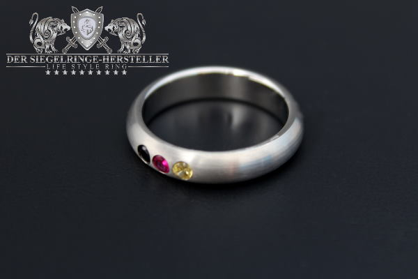 Stainless Steel One-World-Ring, round Zirconia, Black_Zirconia, Blue_Synthetic Ruby, Red