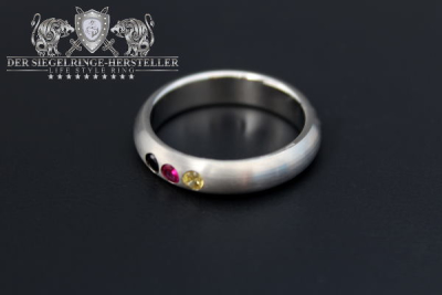 Stainless Steel One-World-Ring, round Zirconia, White_Zirconia, Purple_Synthetic Ruby, Red